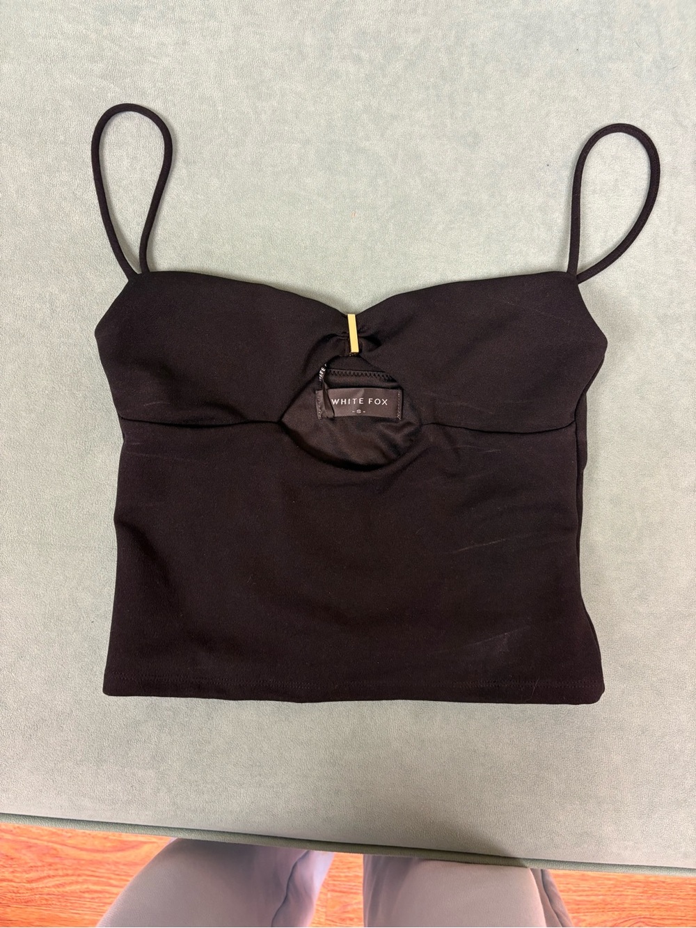 White Fox Boutique Black Spaghetti Strap Crop with Gold Accent